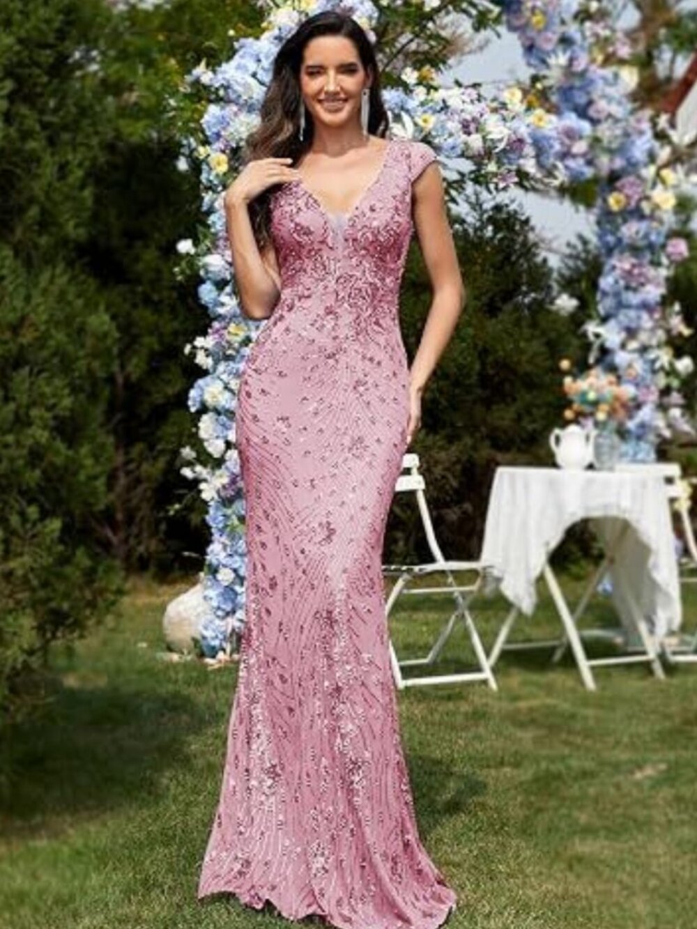 Womens Sequined Long Evening Gown Glamous Sleeveless V-Neck Mermaid Prom Dress M